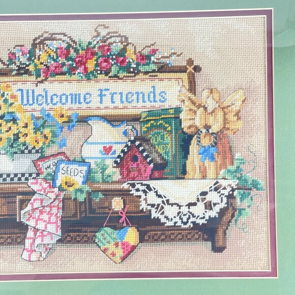 vintage framed cross stitch "welcome friends" wall art floral & rustic motif - Picture 4 of 5